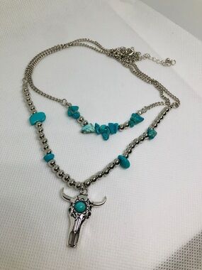 Turquoise Silver Bull Skull Layered Necklace - Women Jewelry
